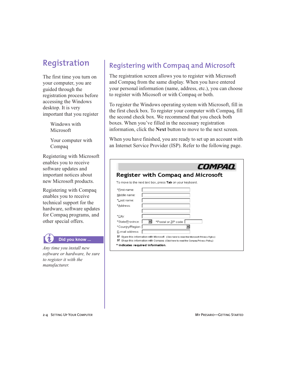 Registration, Registering with compaq and microsoft, Registration -4 | Registering with compaq and microsoft -4, Registration, 2-4 | Compaq Presario User Manual | Page 19 / 96