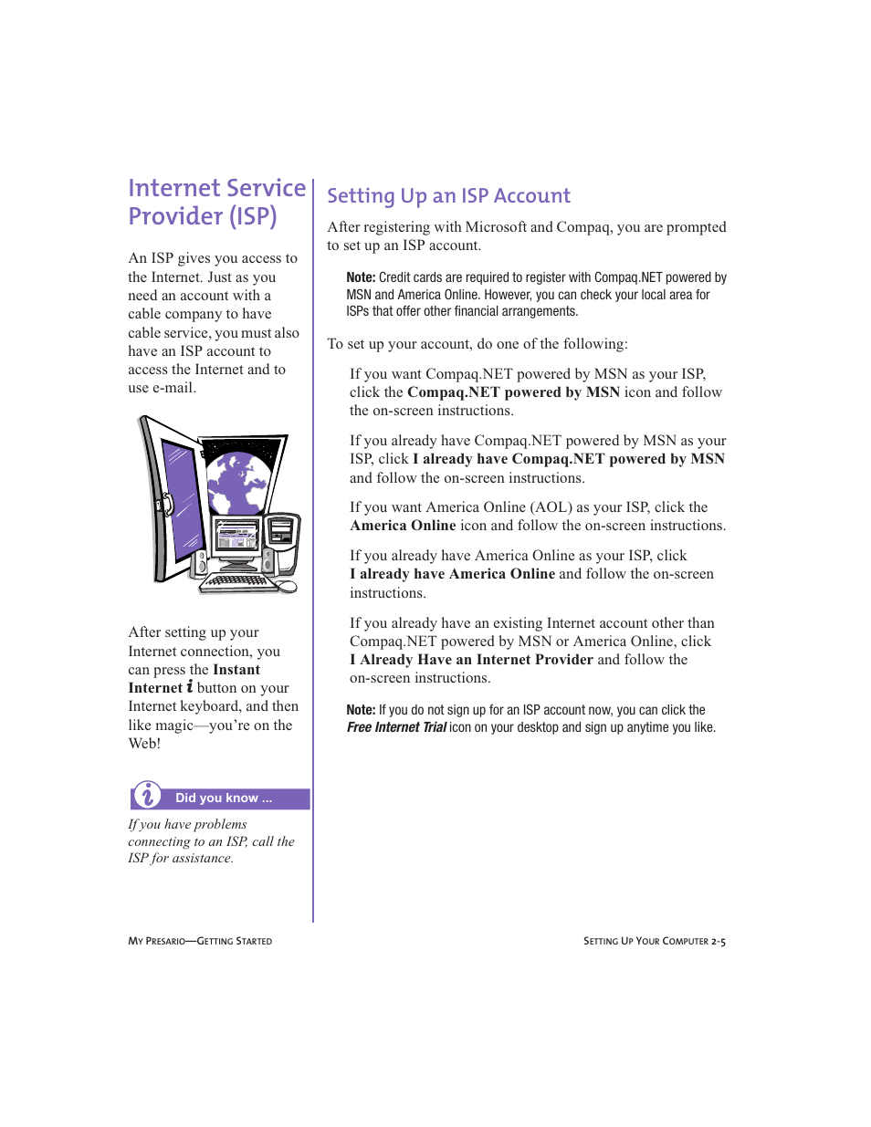 Internet service provider (isp), Setting up an isp account, Internet service provider (isp) -5 | Setting up an isp account -5, Internet service provider (isp), 2-5 | Compaq Presario User Manual | Page 20 / 96