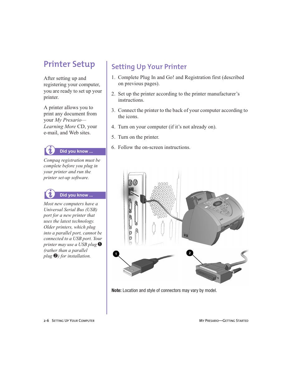 Printer setup, Setting up your printer, Printer setup -6 | Setting up your printer -6, Printer setup, 2-6 | Compaq Presario User Manual | Page 21 / 96