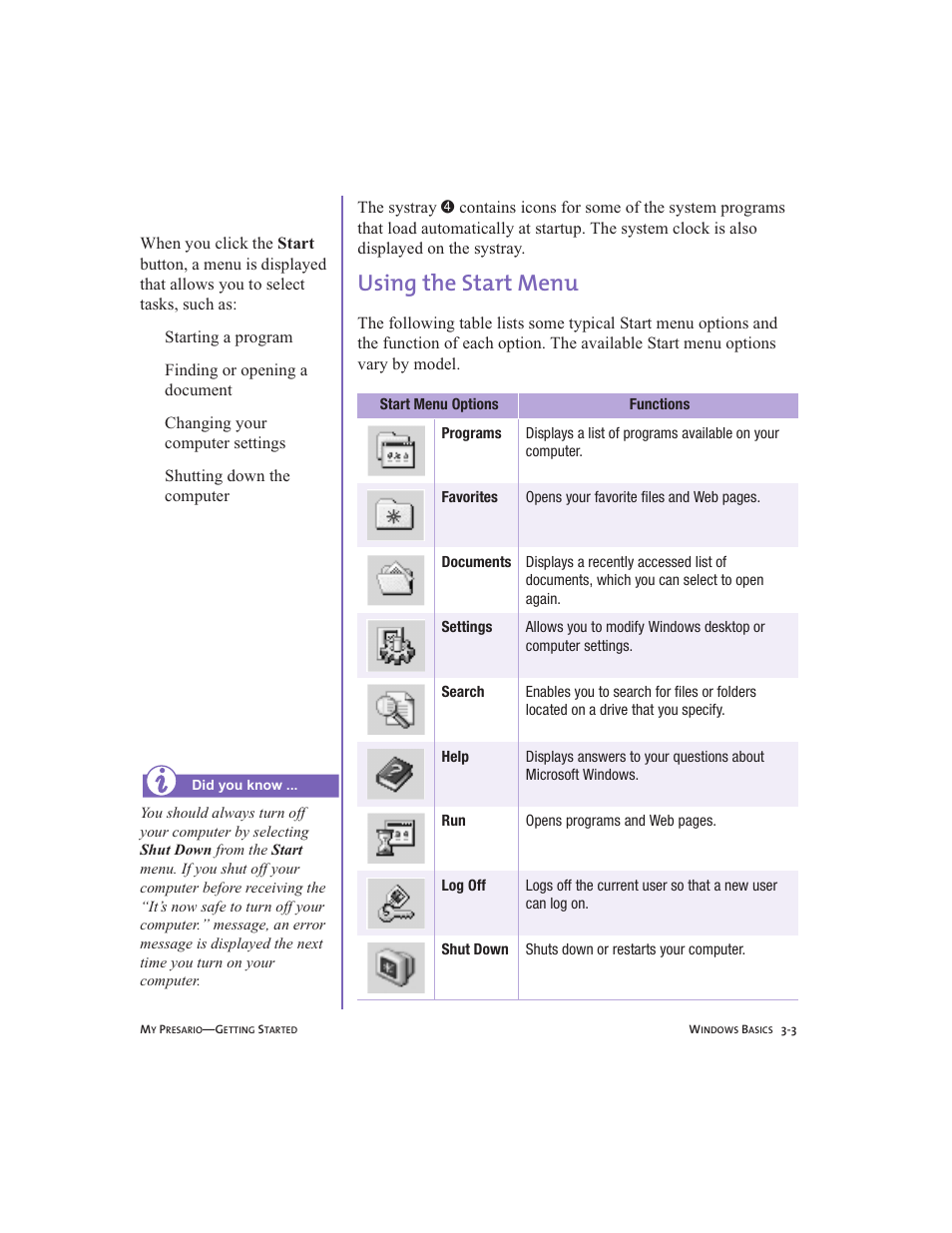 Using the start menu, Using the start menu -3 | Compaq Presario User Manual | Page 24 / 96