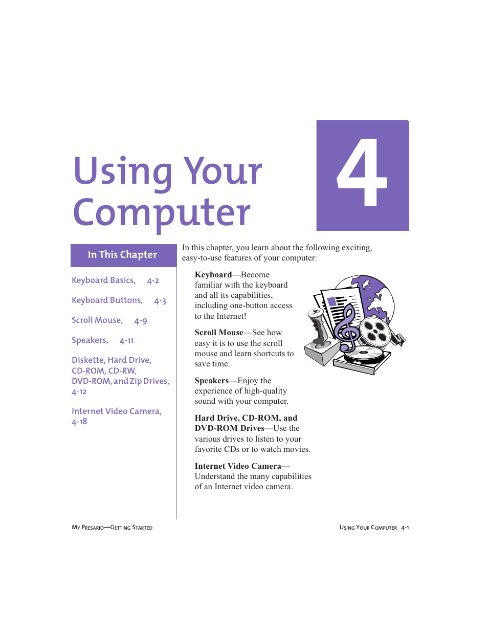 Using your computer, Chapter 4 using your computer -1 | Compaq Presario User Manual | Page 26 / 96