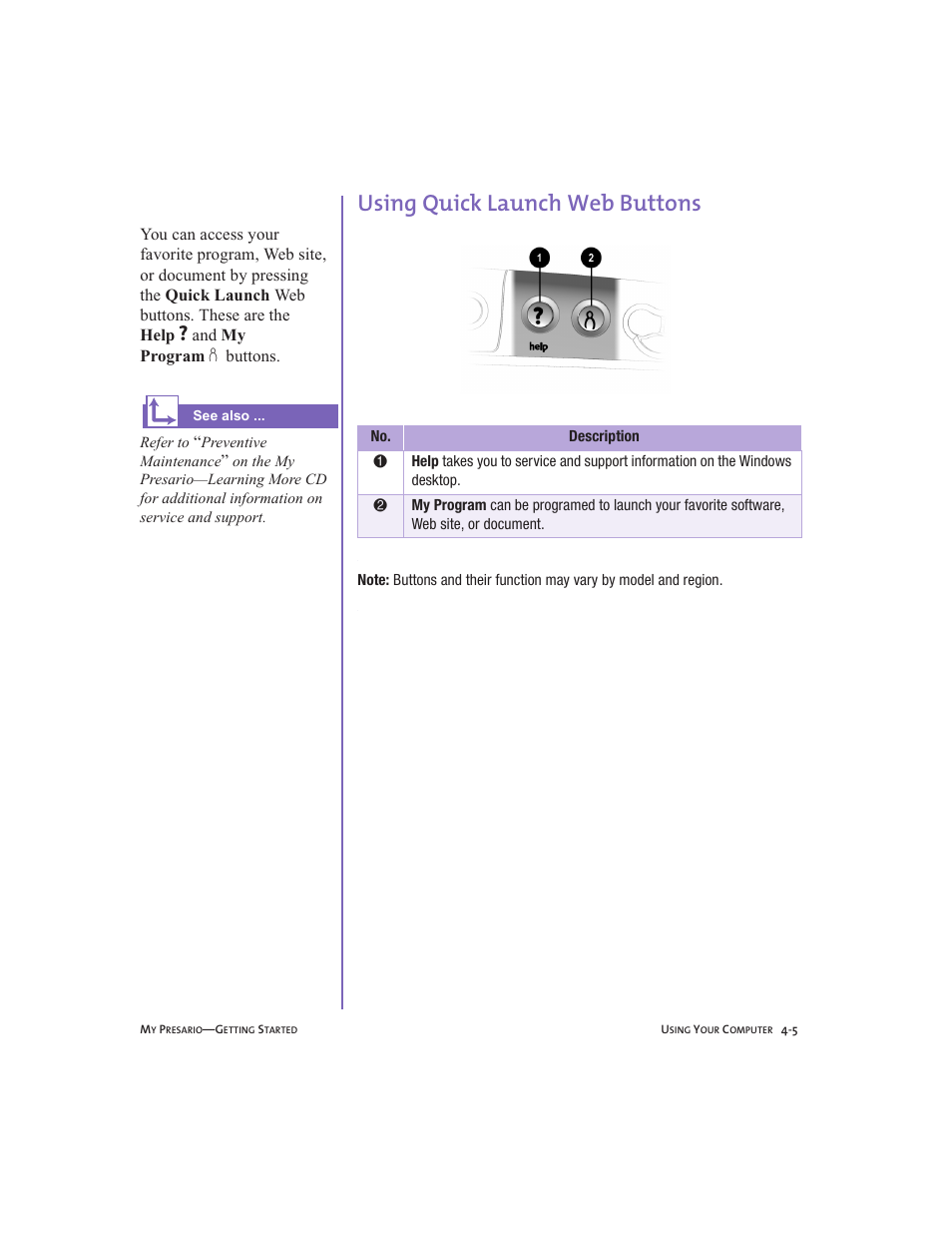 Using quick launch web buttons, Using quick launch web buttons -5, And my program d buttons | Compaq Presario User Manual | Page 30 / 96