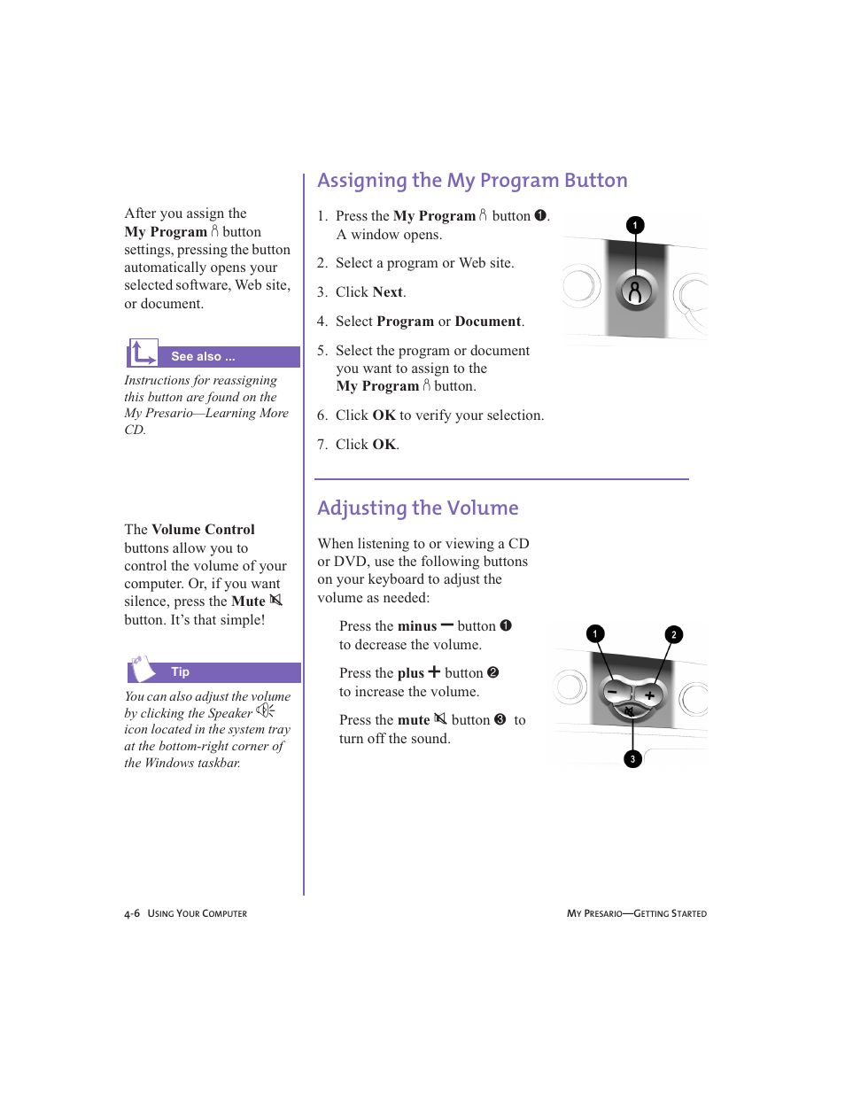 Assigning the my program button, Adjusting the volume, Assigning the my program button -6 | Adjusting the volume -6 | Compaq Presario User Manual | Page 31 / 96