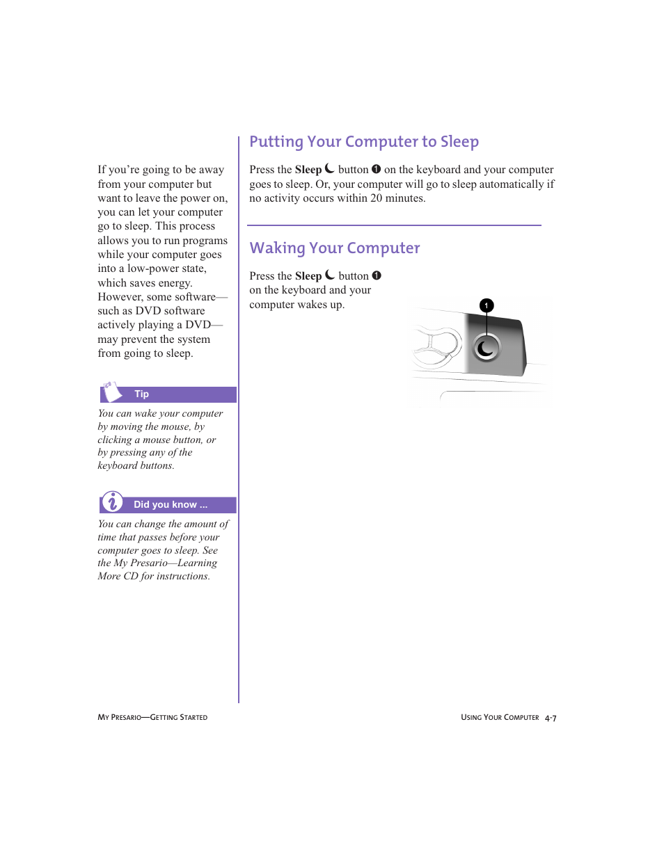 Putting your computer to sleep, Waking your computer, Putting your computer to sleep -7 | Waking your computer -7 | Compaq Presario User Manual | Page 32 / 96