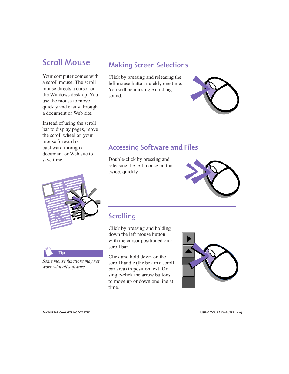 Scroll mouse, Making screen selections, Accessing software and files | Scrolling, Scroll mouse -9, Making screen selections -9, Accessing software and files -9, Scrolling -9, Scroll mouse, 4-9 | Compaq Presario User Manual | Page 34 / 96