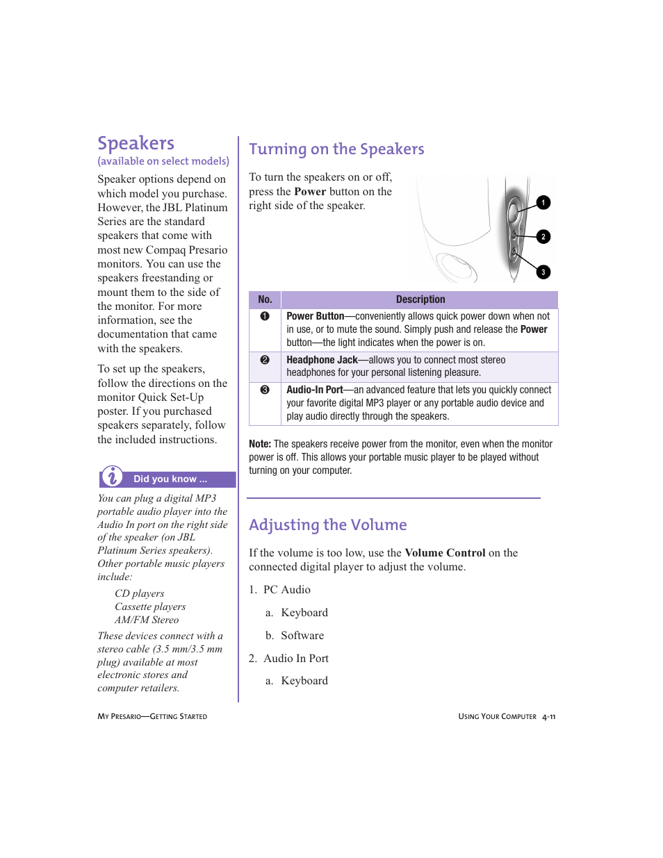 Speakers, Turning on the speakers, Adjusting the volume | Speakers -11, Turning on the speakers -11, Adjusting the volume -11, Speakers, 4-11 | Compaq Presario User Manual | Page 36 / 96