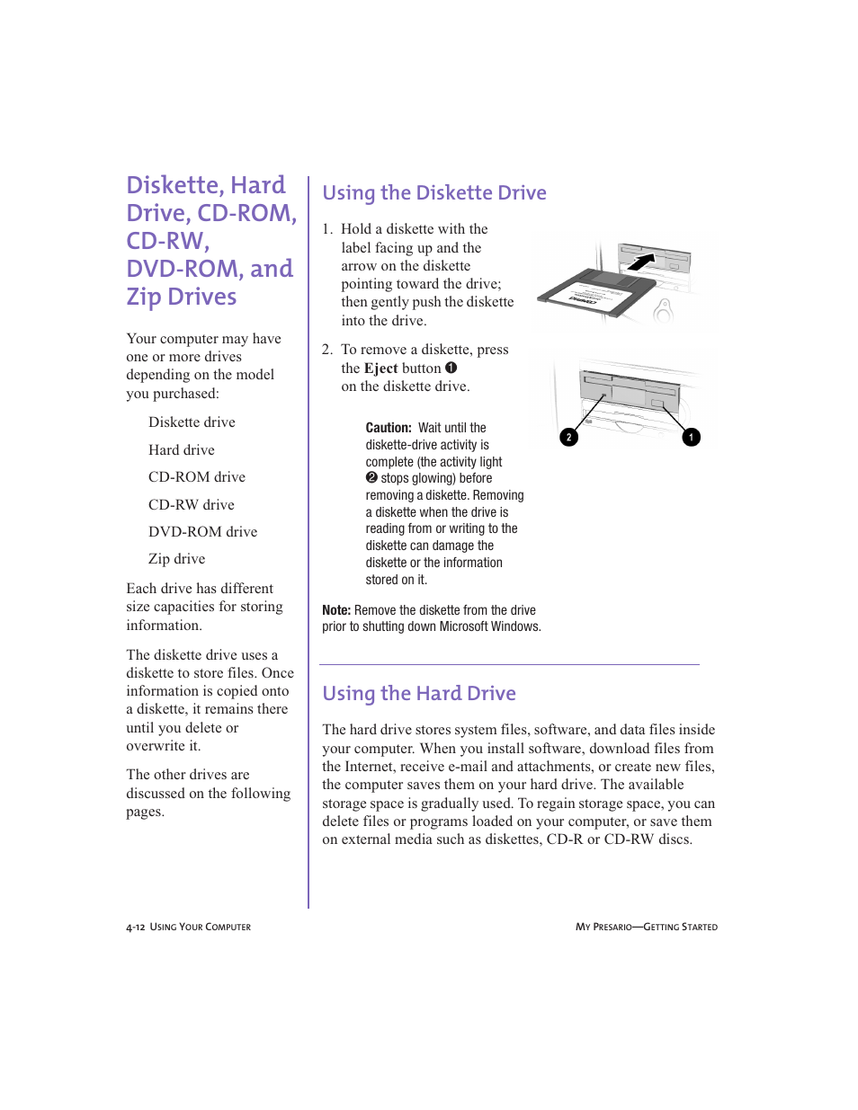 Using the diskette drive, Using the hard drive, Using the diskette drive -12 | Using the hard drive -12 | Compaq Presario User Manual | Page 37 / 96
