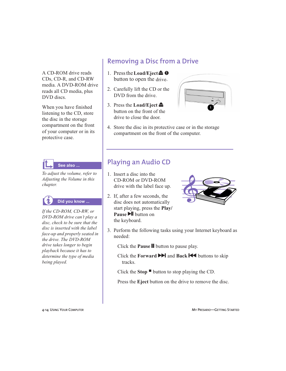 Removing a disc from a drive, Playing an audiocd, Removing a disc from a drive -14 | Playing an audio cd -14, Playing an audio cd | Compaq Presario User Manual | Page 39 / 96