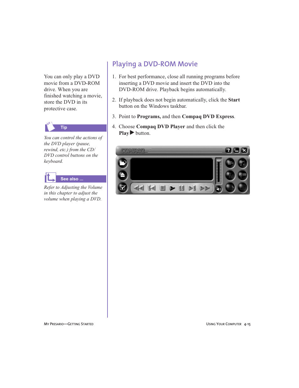 Playing a dvd-rom movie, Playing a dvd-rom movie -15 | Compaq Presario User Manual | Page 40 / 96