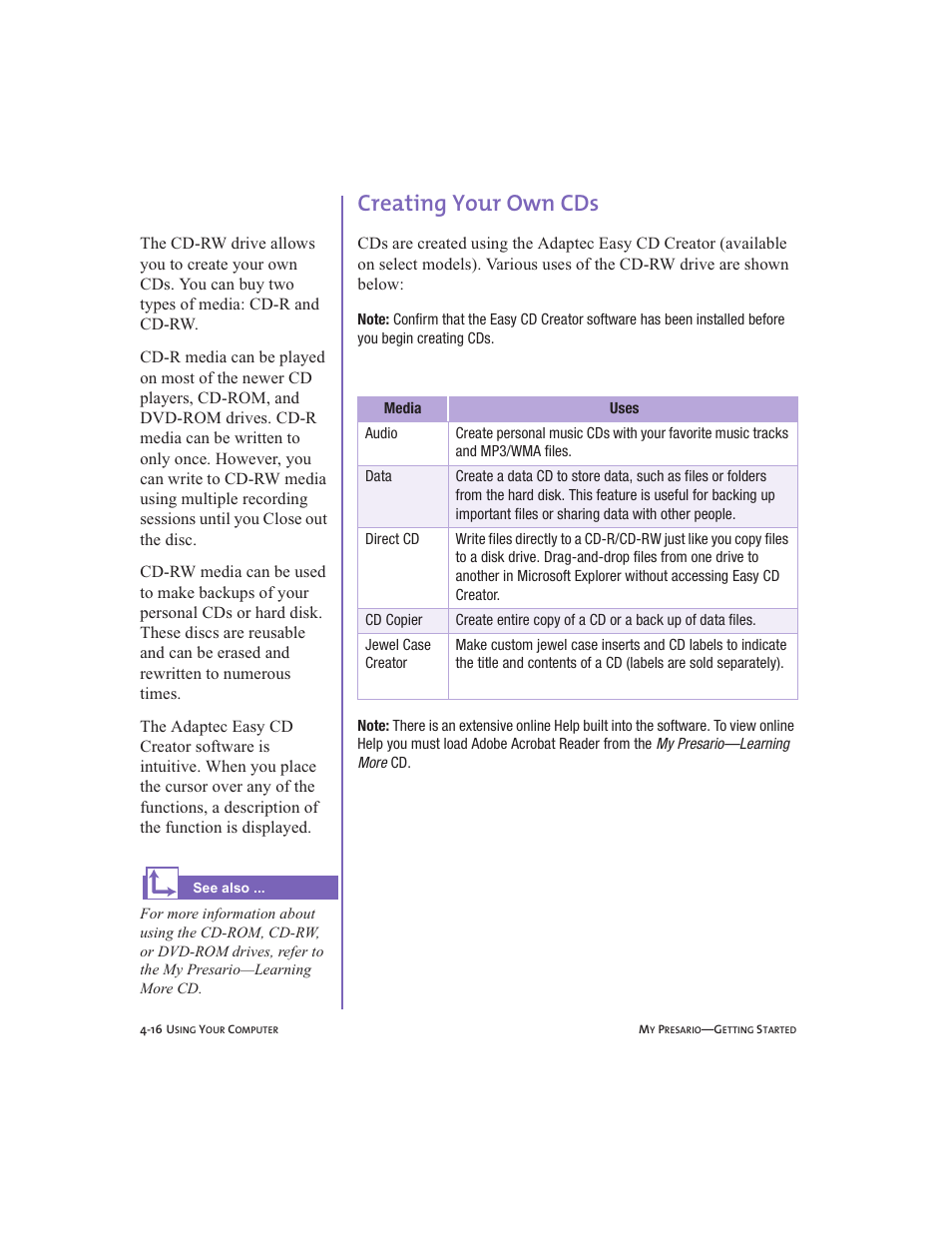 Creating your own cds, Creating your own cds -16 | Compaq Presario User Manual | Page 41 / 96
