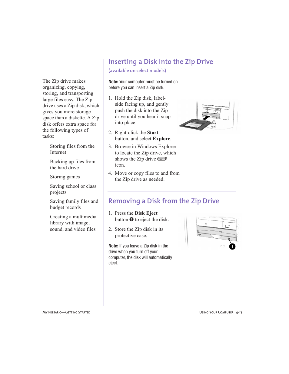 Removing a disk from the zip drive, Inserting a disk into the zip drive, Available on select models) -17 | Removing a disk from the zip drive -17 | Compaq Presario User Manual | Page 42 / 96