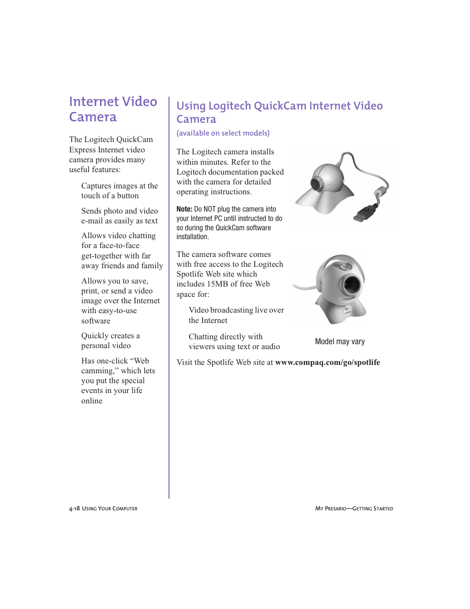 Internet video camera, Internet video camera -18, Using logitech quickcam internet video camera -18 | Internet video camera, 4-18, Using logitech quickcam internet video camera | Compaq Presario User Manual | Page 43 / 96