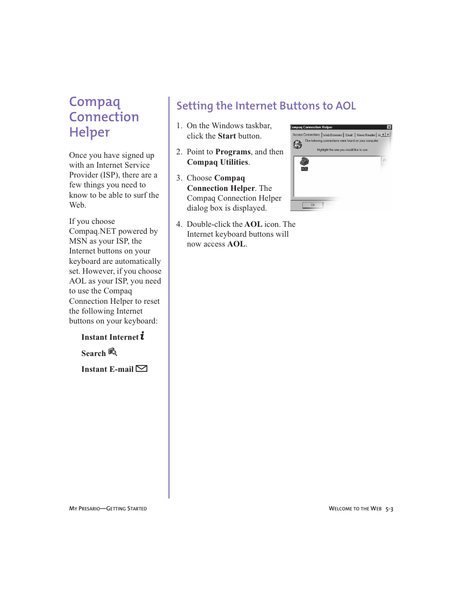 Compaq connection helper, Setting the internet buttons to aol, Compaq connection helper -3 | Setting the internet buttons to aol -3 | Compaq Presario User Manual | Page 46 / 96
