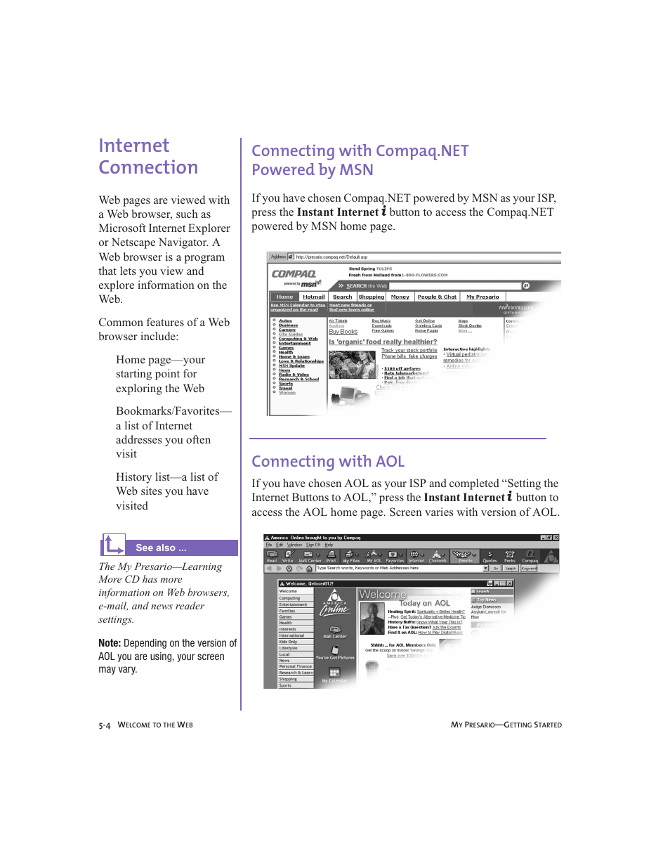 Internet connection, Connecting with compaq.net powered by msn, Connecting with aol | Internet connection -4, Connecting with compaq.net powered by msn -4, Connecting with aol -4, Internet connection, 5-4 | Compaq Presario User Manual | Page 47 / 96