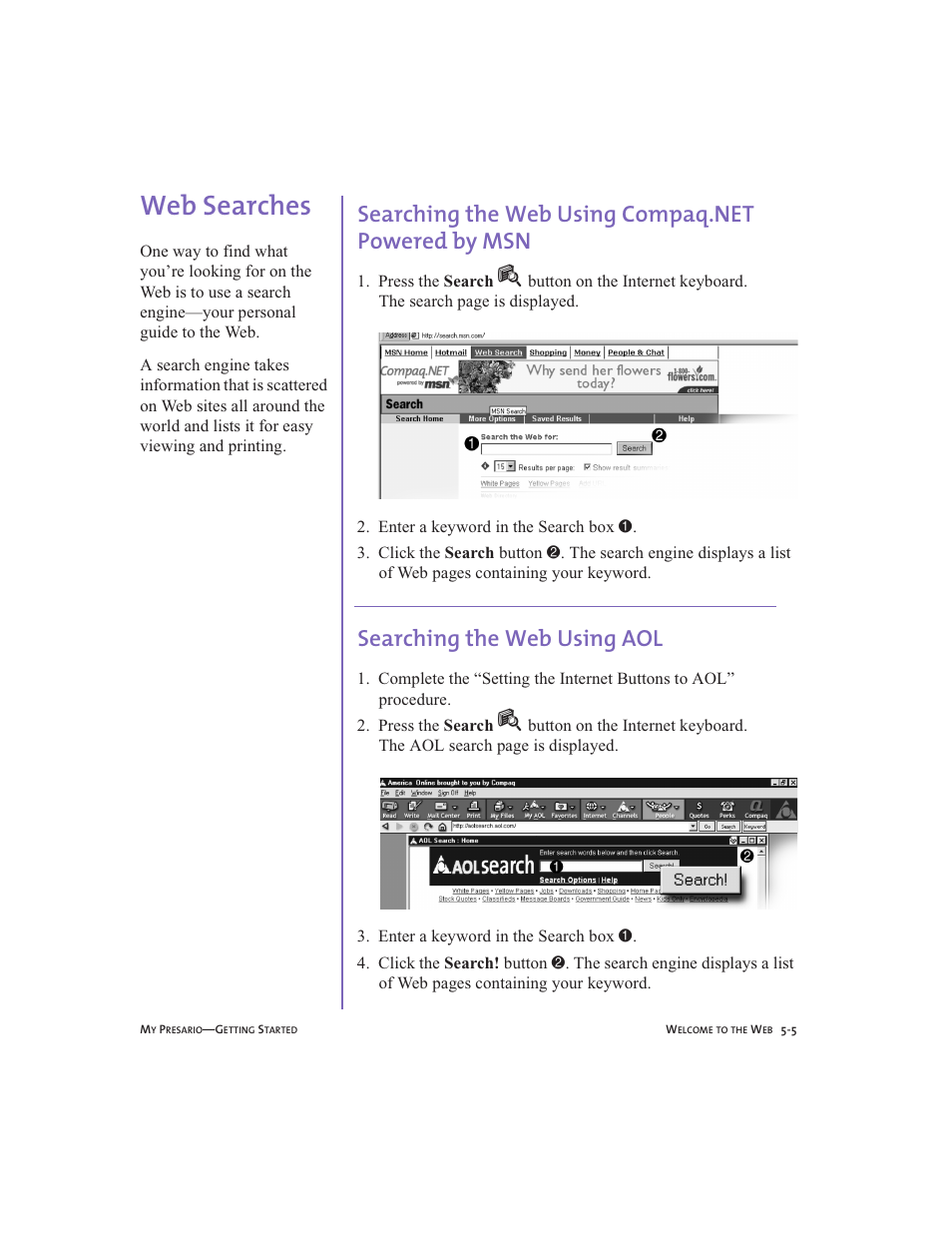 Web searches, Searching the web using compaq.net powered by msn, Searching the web using aol | Web searches -5, Searching the web using compaq.net, Powered by msn -5, Searching the web using aol -5, Web searches, 5-5 | Compaq Presario User Manual | Page 48 / 96