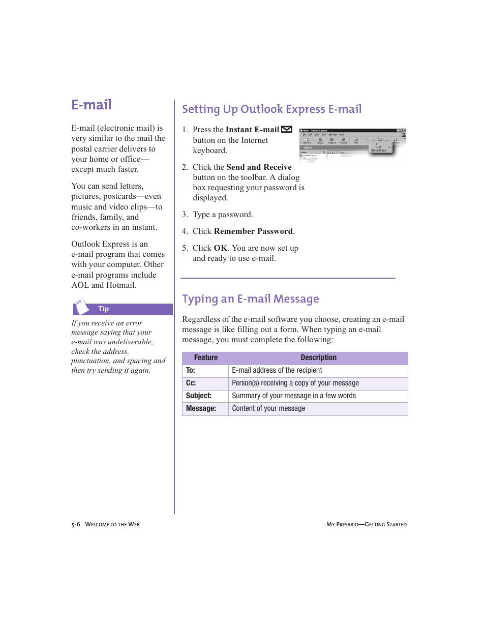 E-mail, Setting up outlook express e-mail, Typing an e-mail message | E-mail -6, Setting up outlook express e-mail -6, Typing an e-mail message -6, E-mail, 5-6 | Compaq Presario User Manual | Page 49 / 96