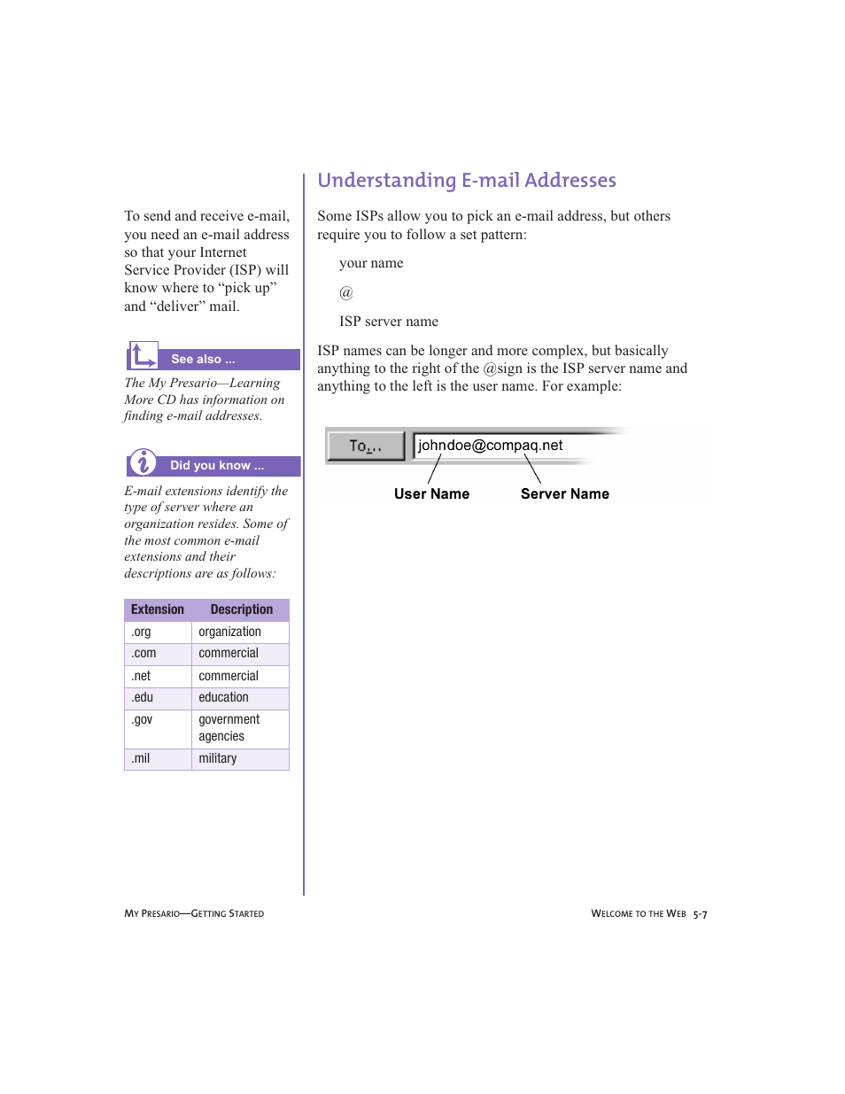 Understanding e-mail addresses, Understanding e-mail addresses -7 | Compaq Presario User Manual | Page 50 / 96
