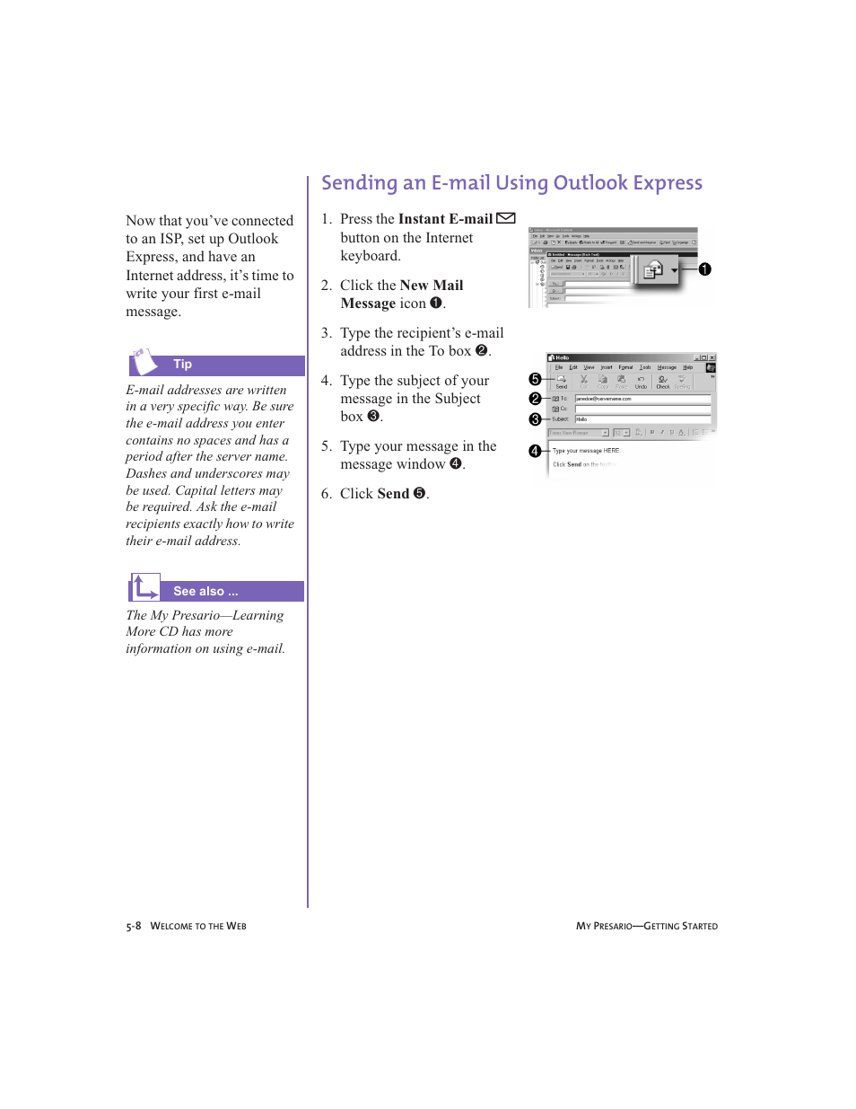 Sending an e-mail using outlook express, Sending an e-mail using outlook express -8 | Compaq Presario User Manual | Page 51 / 96