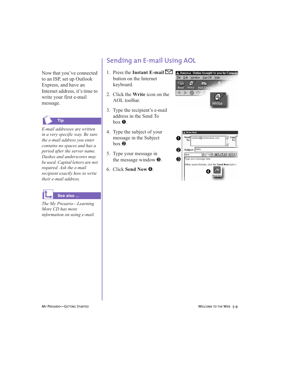 Sending an e-mail using aol, Sending an e-mail using aol -9 | Compaq Presario User Manual | Page 52 / 96