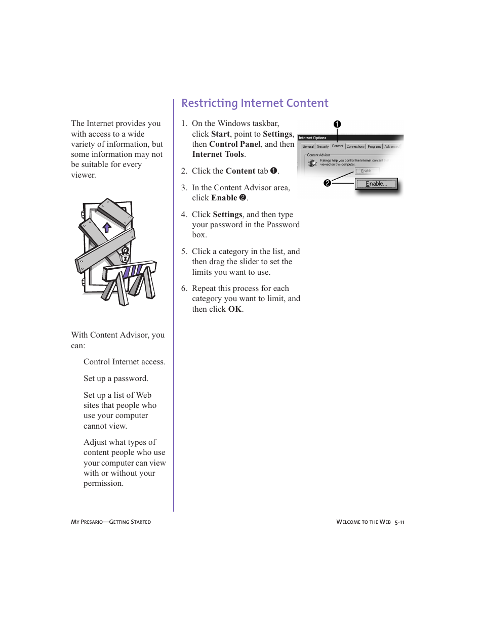 Restricting internet content, Restricting internet content -11 | Compaq Presario User Manual | Page 54 / 96