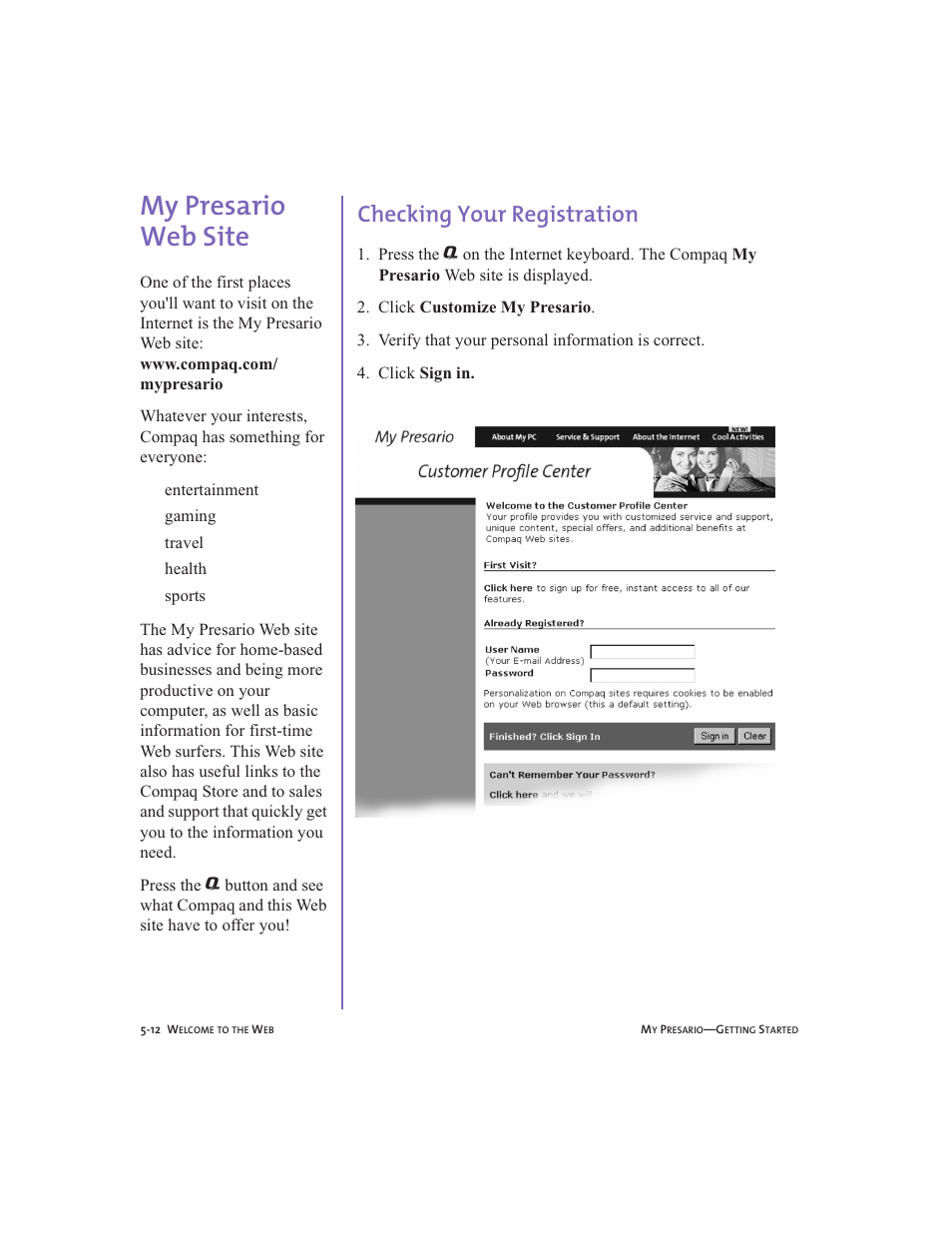 My presario web site, Checking your registration, My presario web site -12 | Checking your registration -12, My presario web site, 5-12 | Compaq Presario User Manual | Page 55 / 96