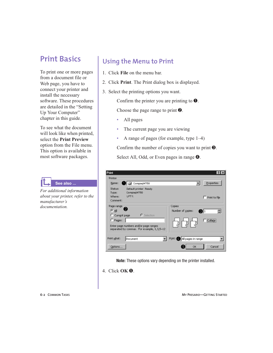 Print basics, Using the menu to print, Print basics -2 | Using the menu to print -2, Print basics, 6-2 | Compaq Presario User Manual | Page 57 / 96