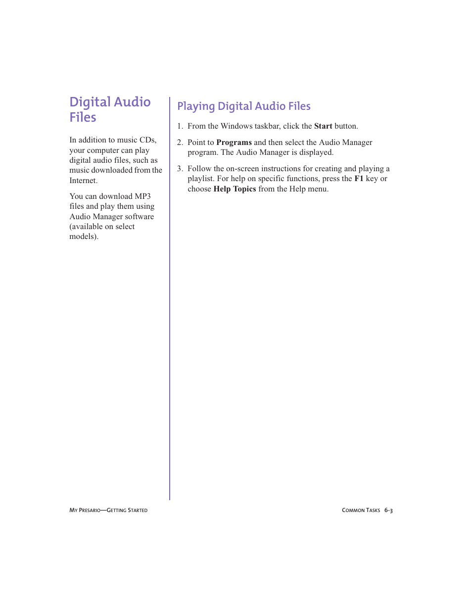Digital audio files, Playing digital audio files, Digital audio files -3 | Playing digital audio files -3, Digital audio files, 6-3 | Compaq Presario User Manual | Page 58 / 96