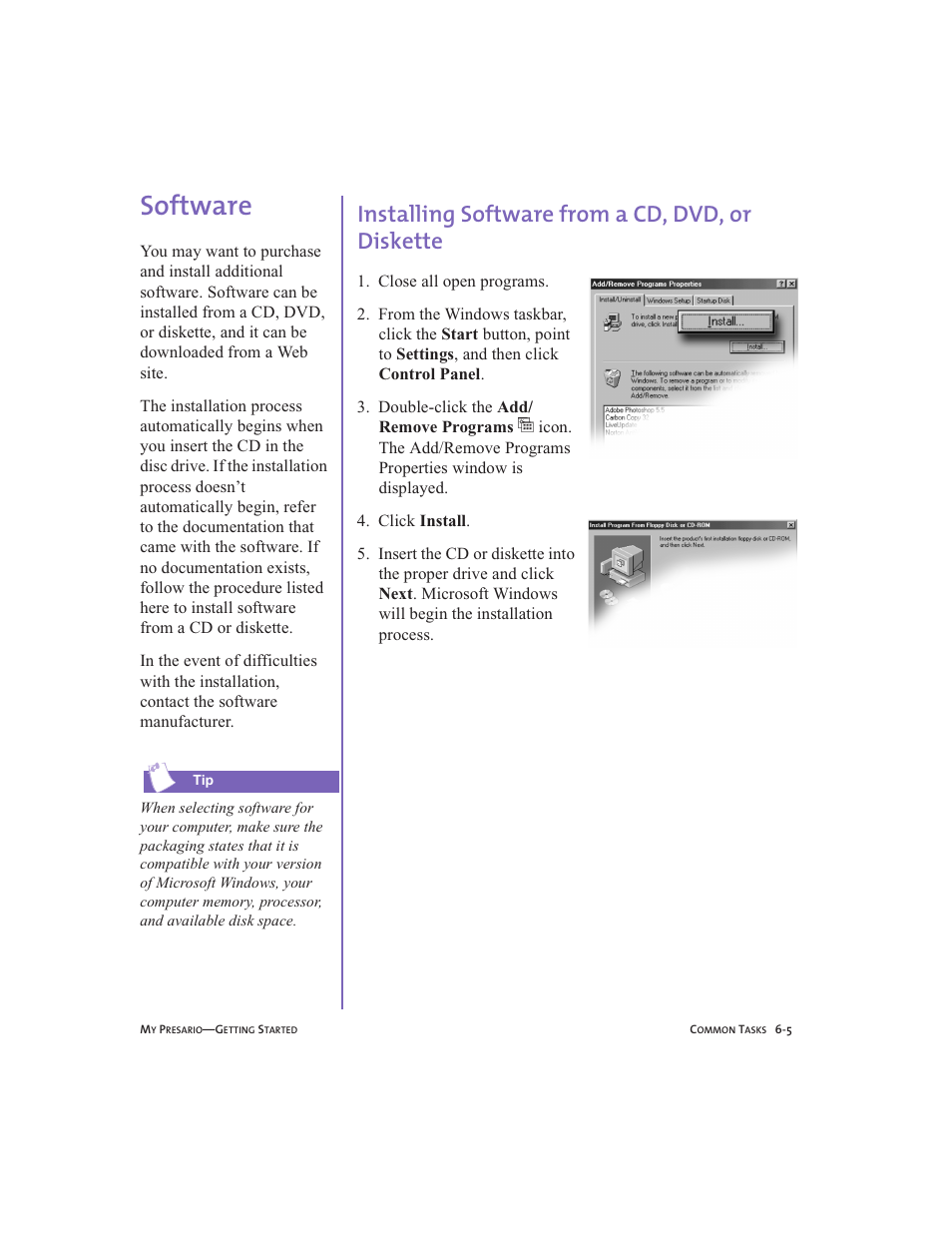 Software, Installing software from a cd, dvd, or diskette, Software -5 | Installing software from a cd, dvd, or diskette -5, Software, 6-5 | Compaq Presario User Manual | Page 60 / 96