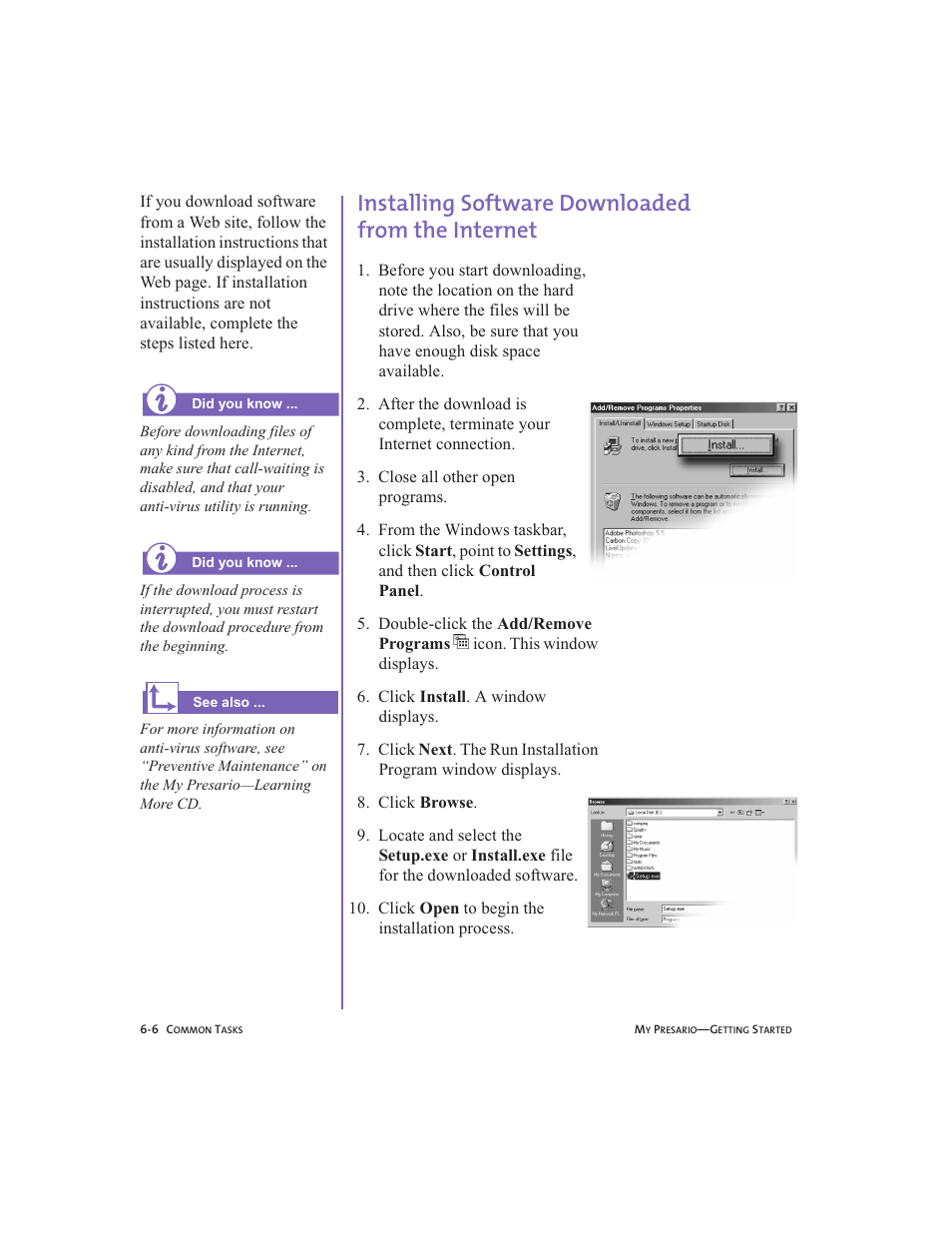 Installing software downloaded fromtheinternet, Installing software downloaded from the internet | Compaq Presario User Manual | Page 61 / 96