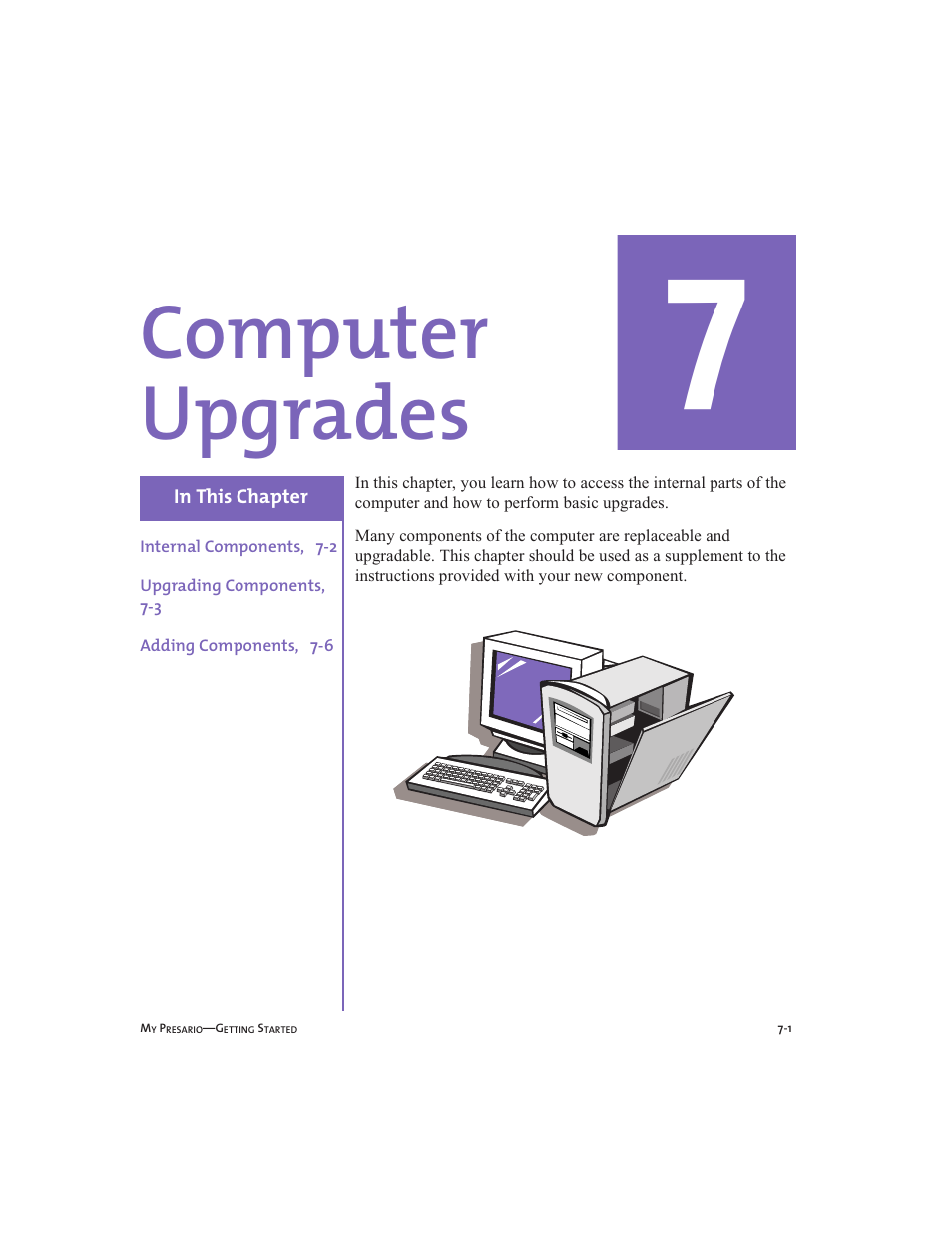 Computer upgrades, Chapter 7 computer upgrades -1 | Compaq Presario User Manual | Page 62 / 96