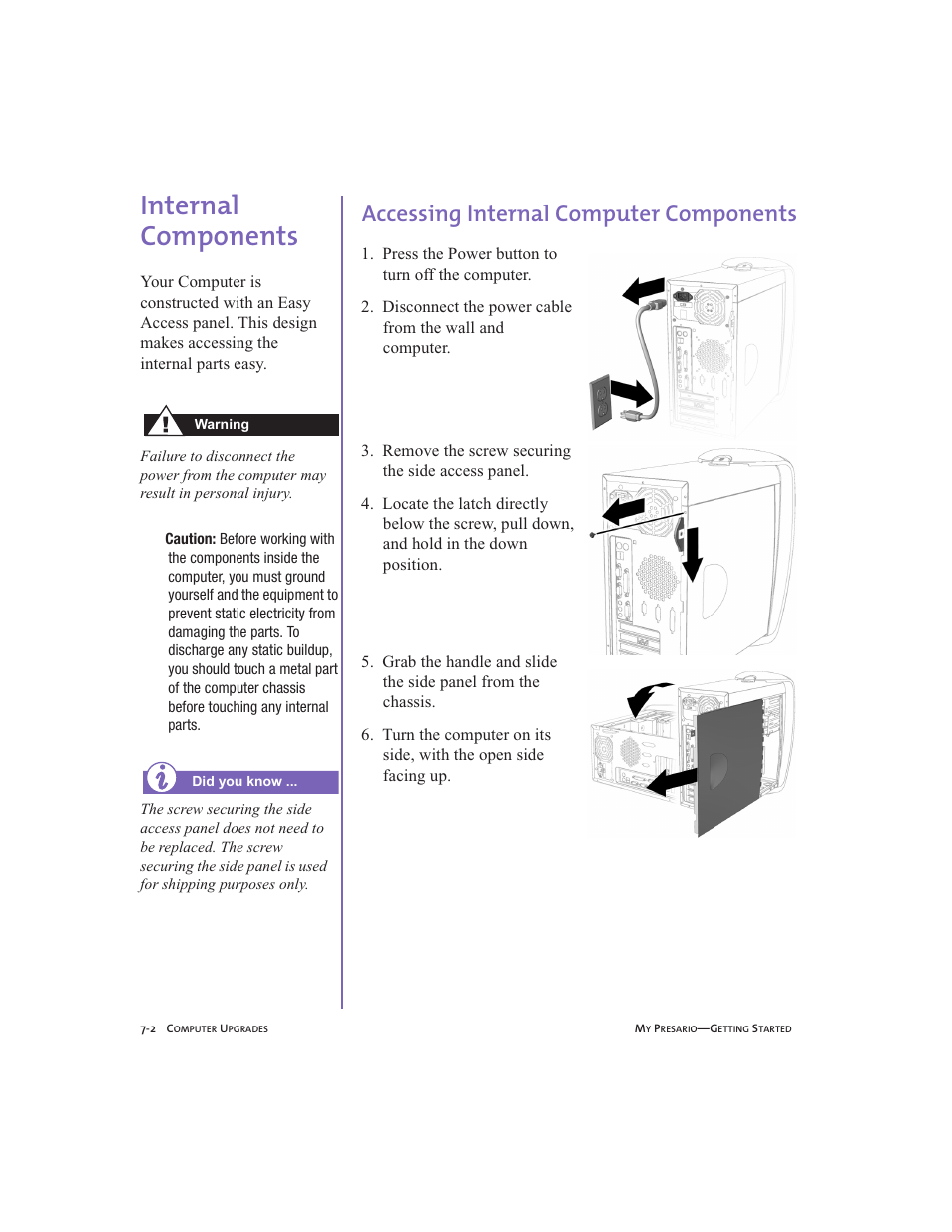 Internal components, Accessing internal computer components, Internal components -2 | Accessing internal computer components -2 | Compaq Presario User Manual | Page 63 / 96