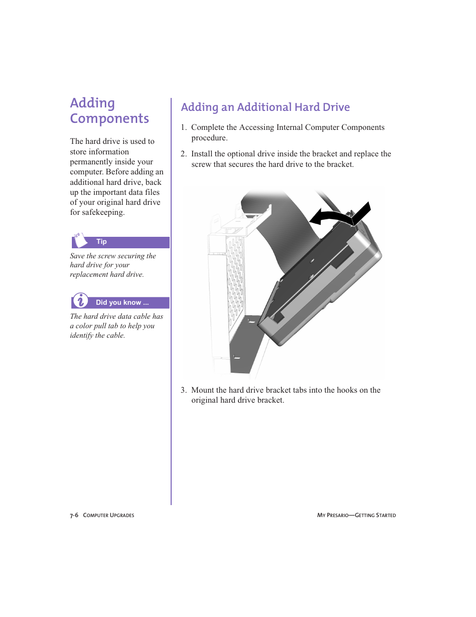 Adding components, Adding an additional hard drive, Adding components -6 | Adding an additional hard drive -6 | Compaq Presario User Manual | Page 67 / 96