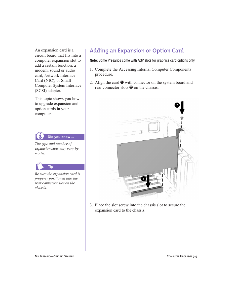 Adding an expansion or option card, Adding an expansion or option card -9 | Compaq Presario User Manual | Page 70 / 96