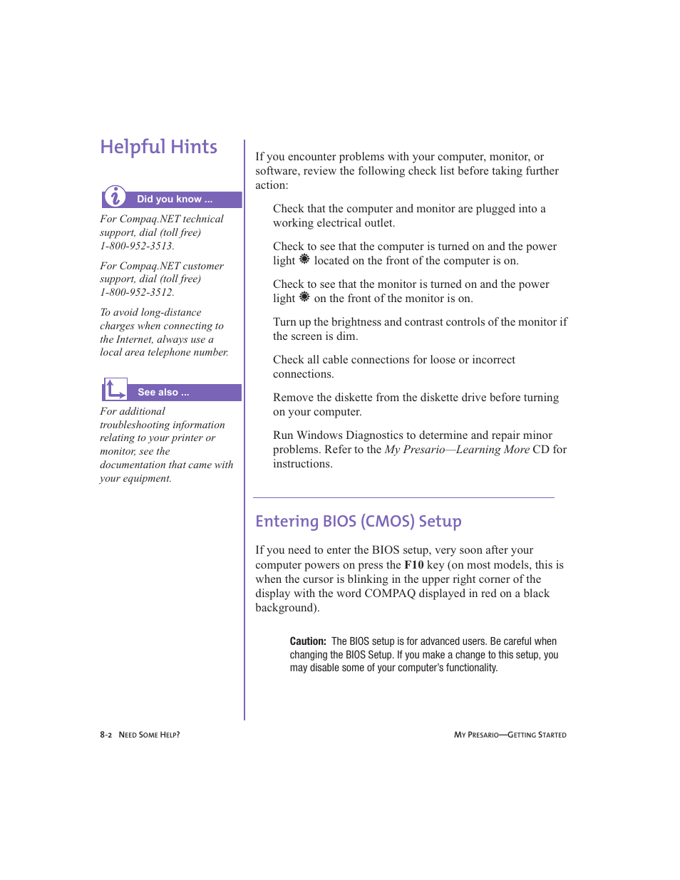 Helpful hints, Entering bios (cmos) setup, Helpful hints -2 | Entering bios (cmos) setup -2, Helpful hints, 8-2 | Compaq Presario User Manual | Page 73 / 96