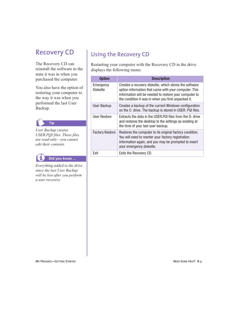 Recovery cd, Using the recovery cd, Recovery cd -3 | Using the recovery cd -3, Recovery cd, 8-3 | Compaq Presario User Manual | Page 74 / 96