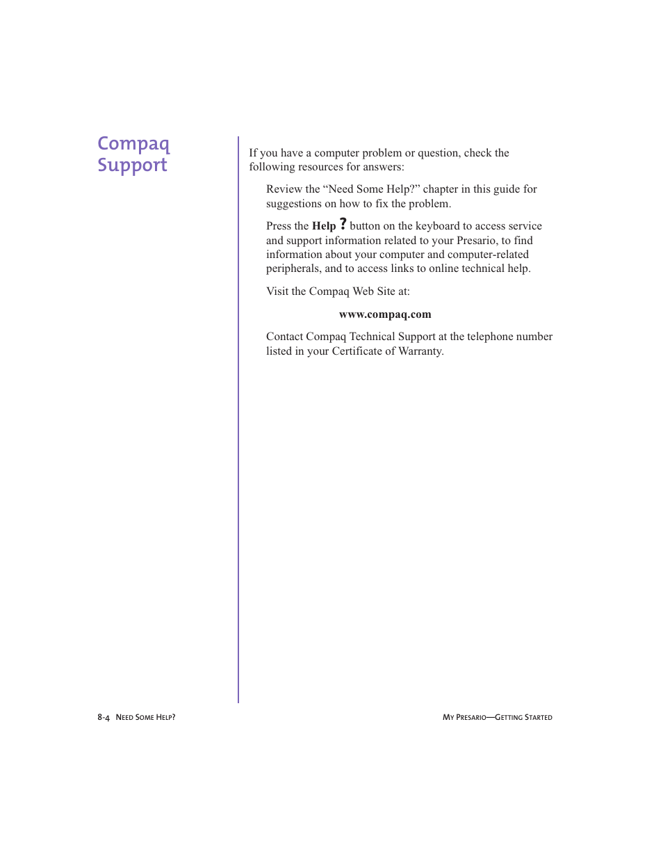 Compaq support, Compaq support -4, Compaq support, 8-4 | Compaq Presario User Manual | Page 75 / 96