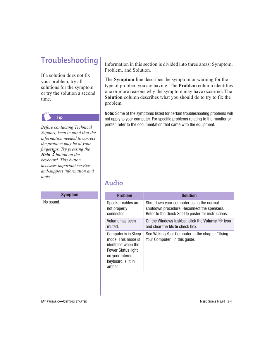 Troubleshooting, Audio, Troubleshooting -5 | Audio -5, Troubleshooting, 8-5 | Compaq Presario User Manual | Page 76 / 96