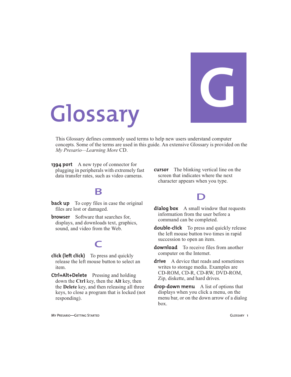 Glossary | Compaq Presario User Manual | Page 86 / 96