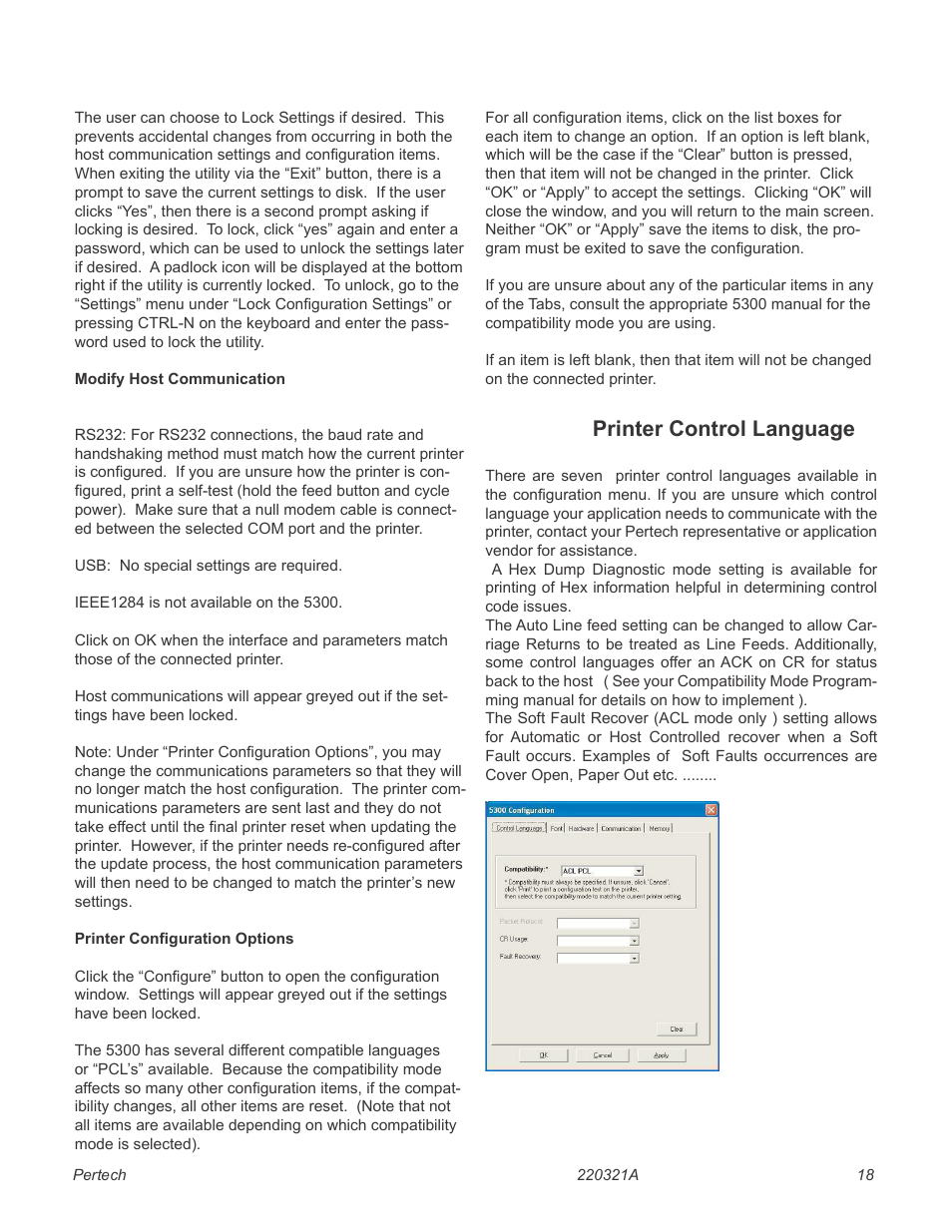 Font, 19 rs232 interface, 19 usb interface | 19 hardware, Printer control language | Pertech 5300 Series User Manual | Page 25 / 41