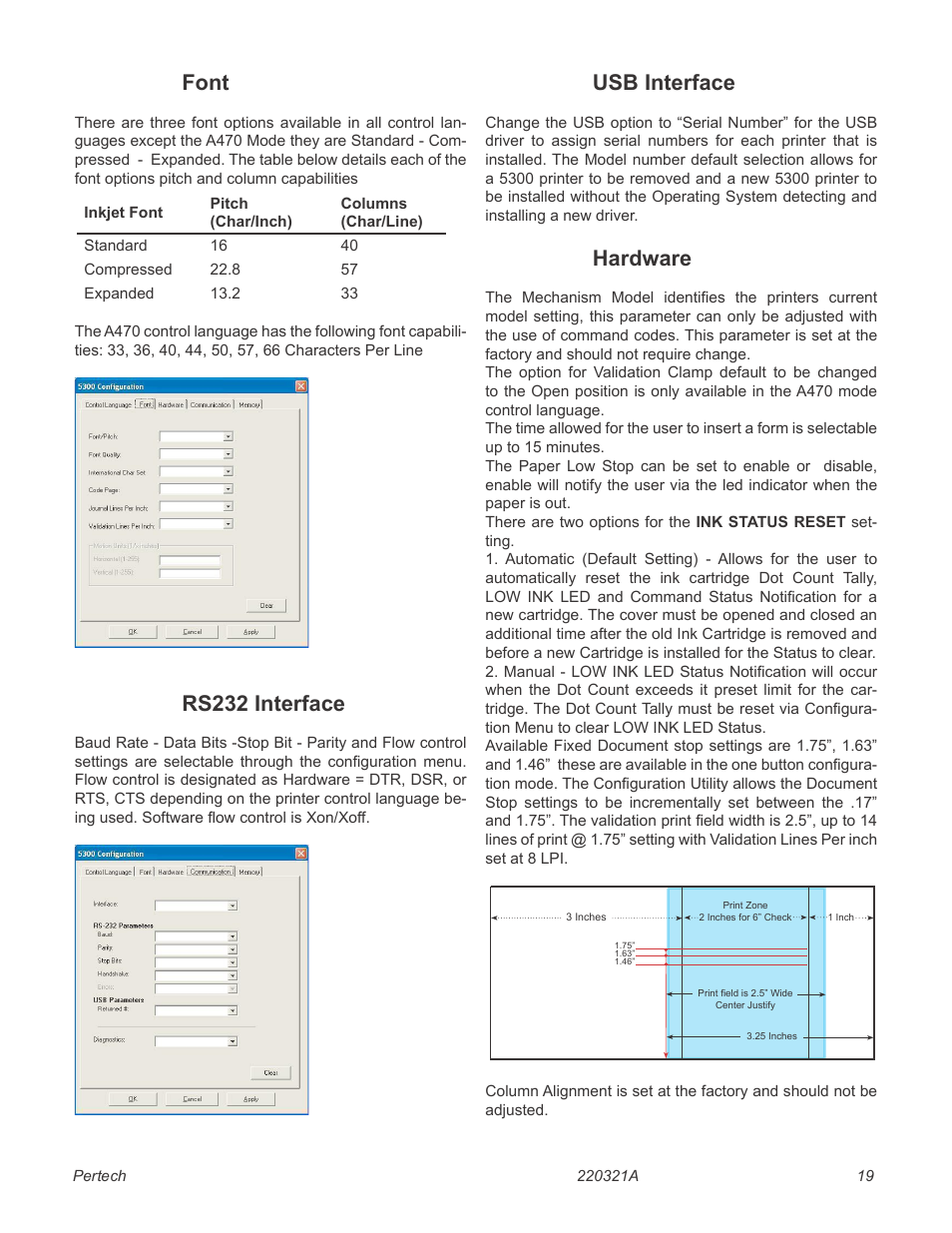 Memory, 20 tallies, Font | Rs232 interface, Usb interface, Hardware | Pertech 5300 Series User Manual | Page 26 / 41
