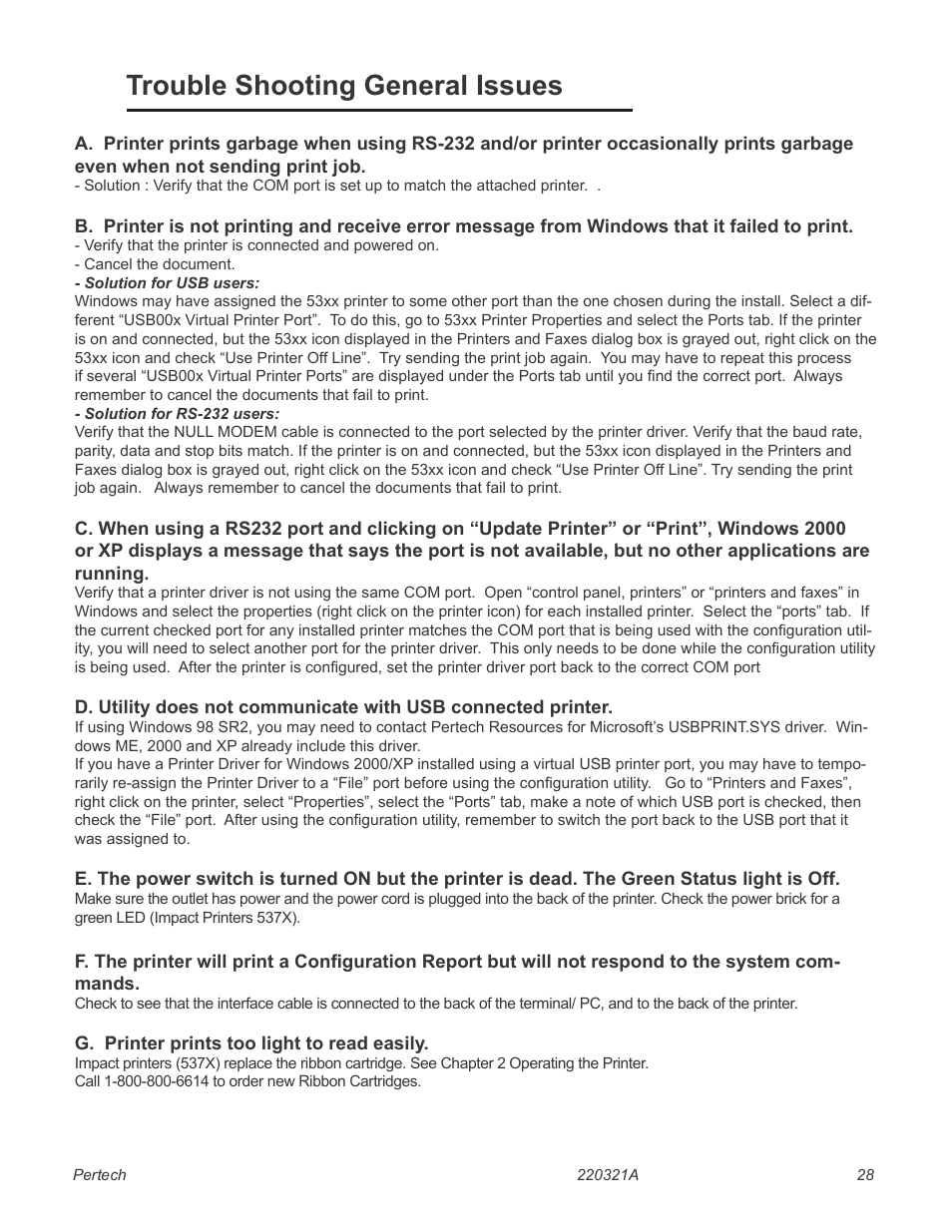 Service & support, 29 maintaining the printer, Trouble shooting general issues | Pertech 5300 Series User Manual | Page 35 / 41