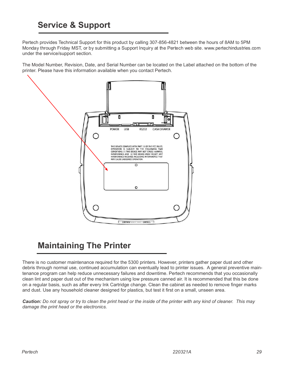 Specifications, Specifcations, Service & support maintaining the printer | Pertech 5300 Series User Manual | Page 36 / 41