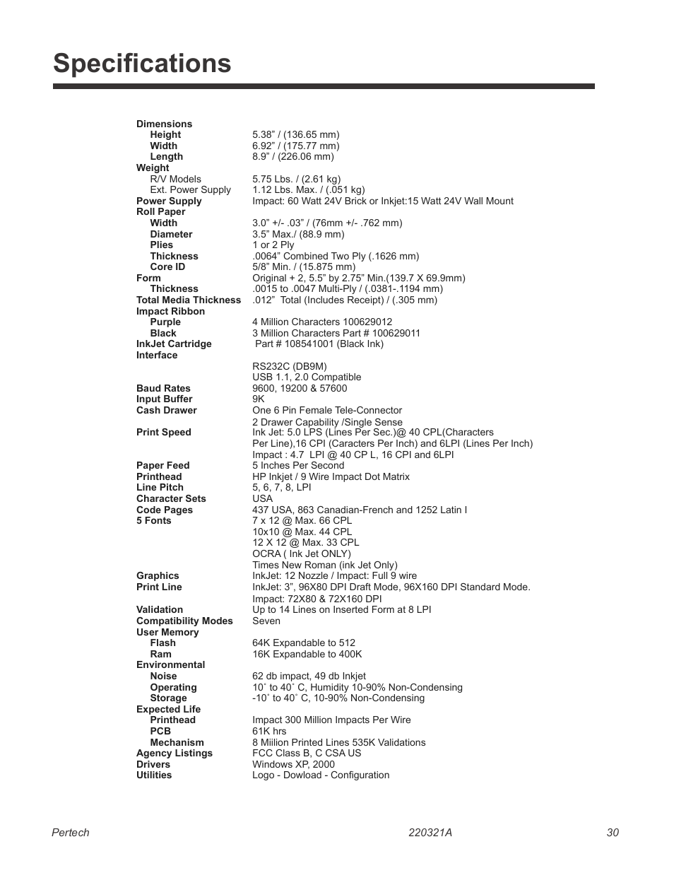 Specifcations | Pertech 5300 Series User Manual | Page 37 / 41