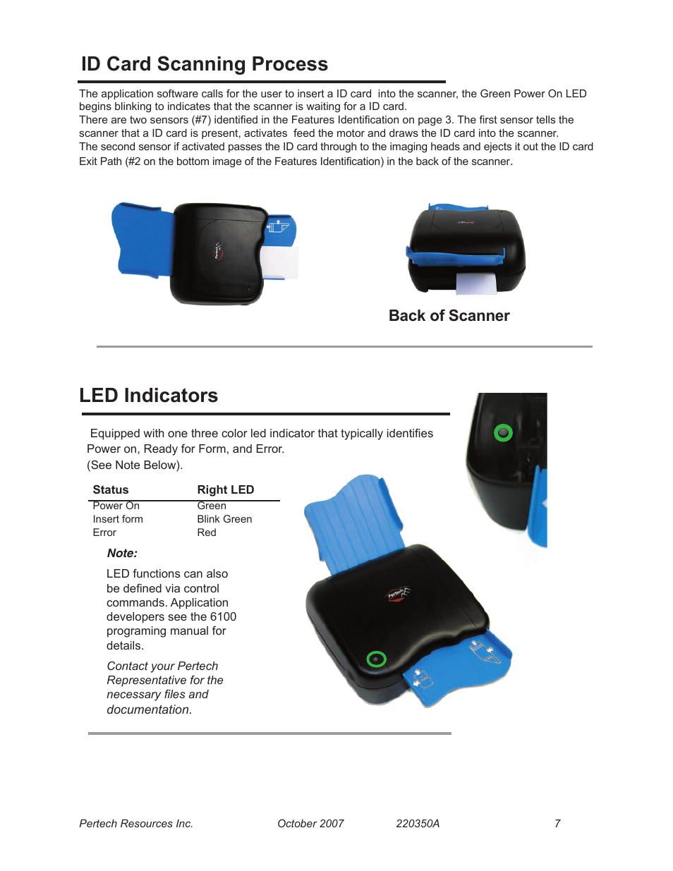 Led indicators, Id card scanning process, Back of scanner | Pertech 6100 Series User Manual | Page 11 / 16