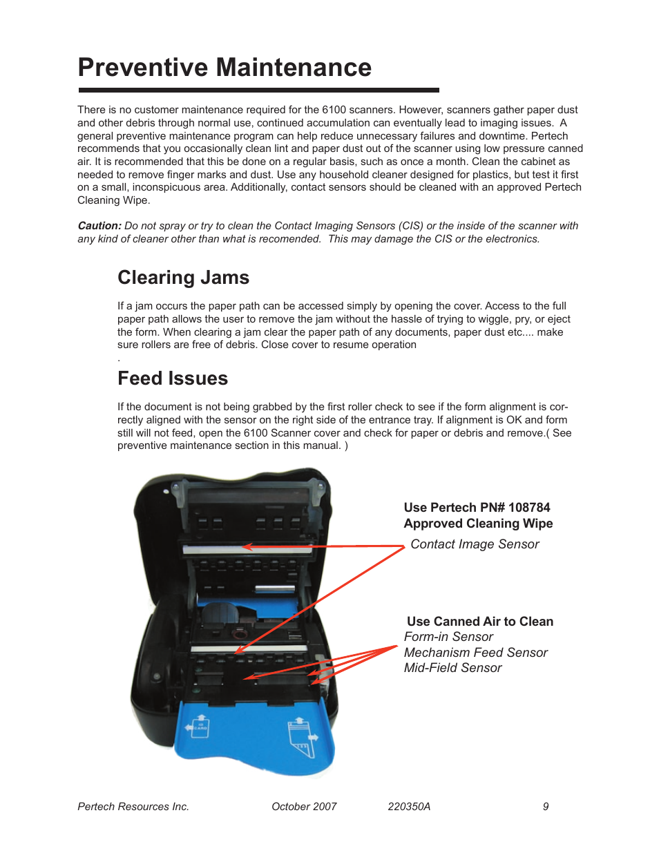 Preventive maintenance, Clearing jams, Feed issues | Pertech 6100 Series User Manual | Page 13 / 16