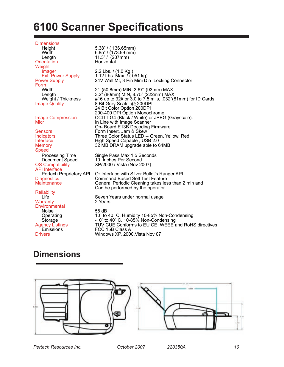 6100 scanner specifications, Dimensions | Pertech 6100 Series User Manual | Page 14 / 16