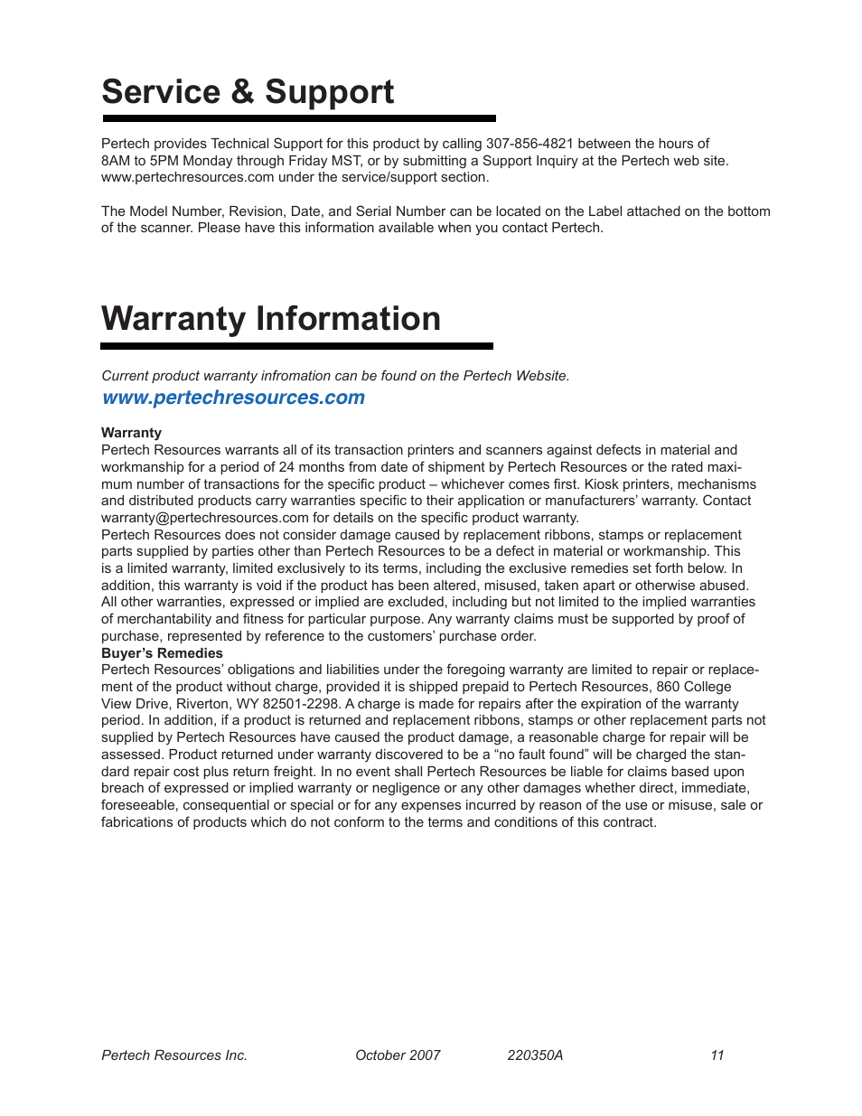 Service & support, Warranty information, Service & support warranty information | Pertech 6100 Series User Manual | Page 15 / 16