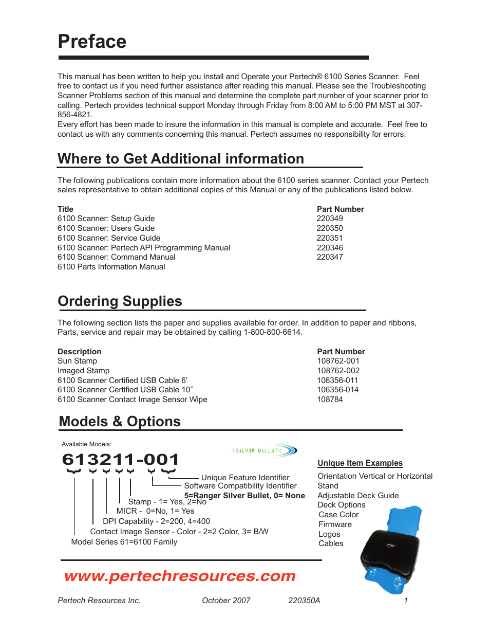 Where to get additional information, Preface, Models & options | Ordering supplies | Pertech 6100 Series User Manual | Page 5 / 16