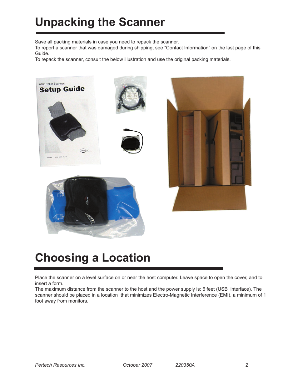 Unpacking the scanner, Choosing a location | Pertech 6100 Series User Manual | Page 6 / 16