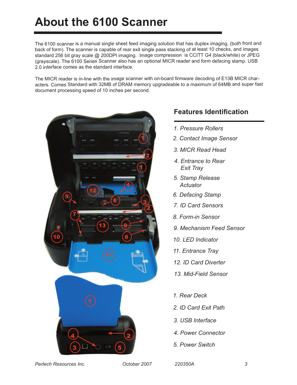About the 6100 scanner, Features identification | Pertech 6100 Series User Manual | Page 7 / 16